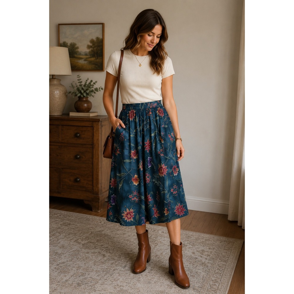 Vintage Alfred Dunner Petite 14 Blue Floral Midi Skirt USA Made‎ Pockets